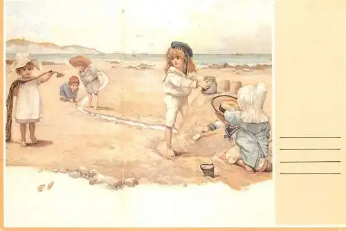 Greetings postcard advertising painting children at the beach 1989
