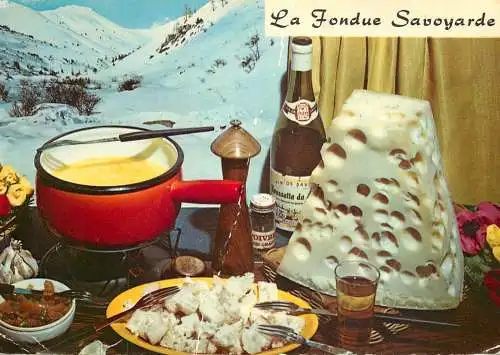 Greetings postcard advertising France la fondue Savoyarde