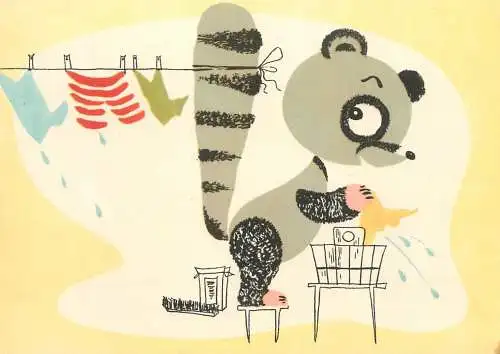 Greetings postcard 1964 humanized animals racoon doing laundry