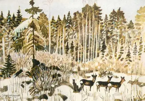 Greetings postcard winter landscape and deer Soren Holmovist