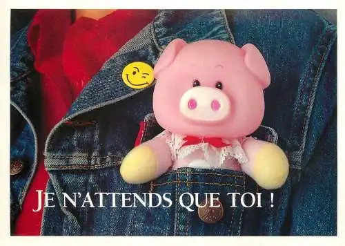 Greetings postcard piglet and smug Je n'Attends que toi