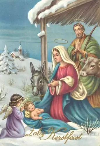 Religion scene Christianity mother and child angel and animals Christmas