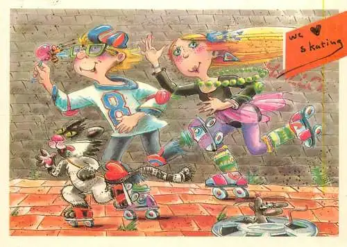 Children scene skaters and humanized cat