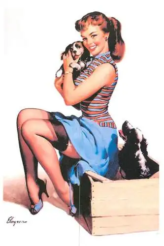 Pin-up beauty risque model repro postcard dog and woman in lingerie