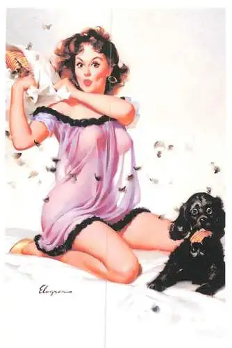 Pin-up beauty risque model repro postcard dog and woman in lingerie