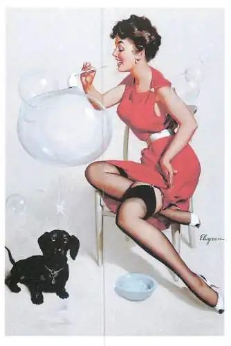 Pin-up beauty risque model repro postcard dog and woman in lingerie