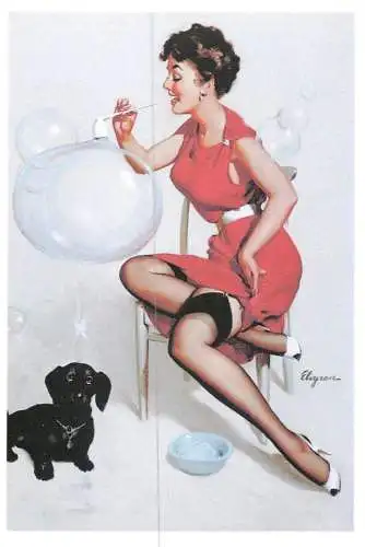 Pin-up beauty risque model repro postcard dog and woman in lingerie