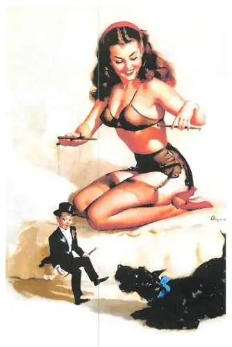 Pin-up beauty risque model repro postcard dog and woman in lingerie