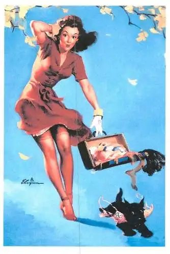 Pin-up beauty risque model repro postcard dog and woman