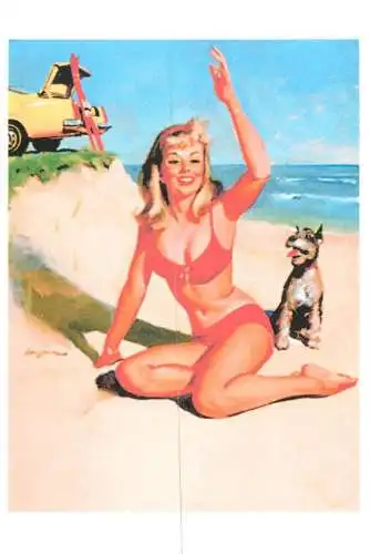 Pin-up beauty risque model repro postcard dog and woman
