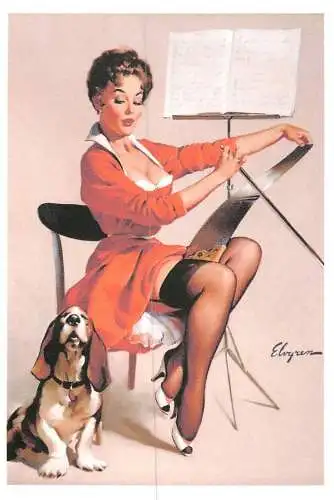 Pin-up beauty risque model repro postcard lingerie dog and woman music