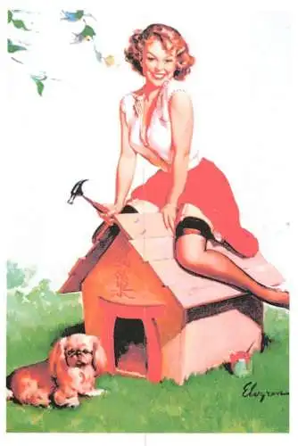Pin-up beauty risque model repro postcard lingerie dog and woman