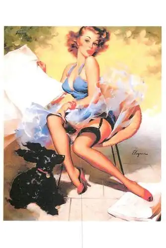 Pin-up beauty risque model repro postcard lingerie windy dog and woman