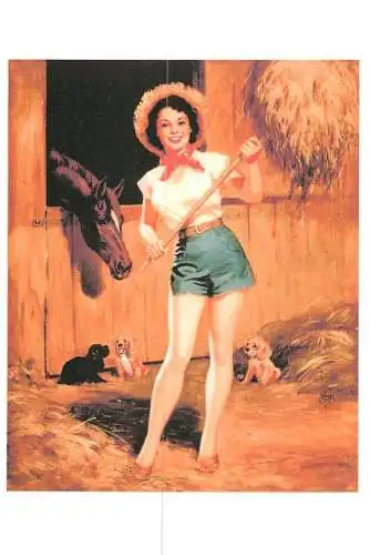 Pin-up beauty risque model repro postcard woman in stable
