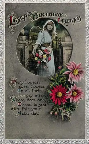 British birthday greetings postcard flower poem letter