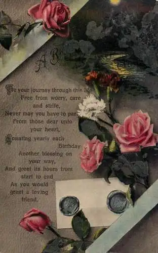 British birthday greetings postcard flower poem letter