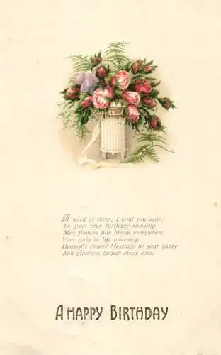 British birthday greetings postcard tflower vase