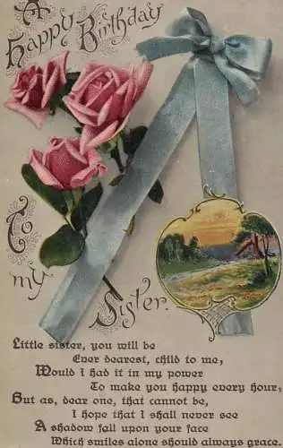 British birthday greetings postcard to my sister