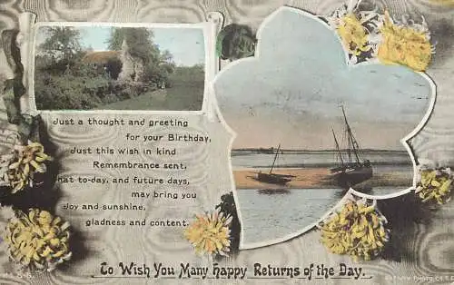 British birthday greetings postcard landscape and boat