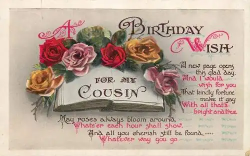 British birthday greetings postcard for my cousin