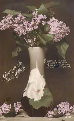 British birthday greetings postcard flower vase and poem