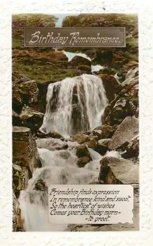 British birthday greetings postcard remembrance poem and waterfall
