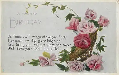 British birthday greetings postcard flower basket