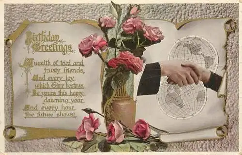 British birthday greetings postcard flower vase and world map