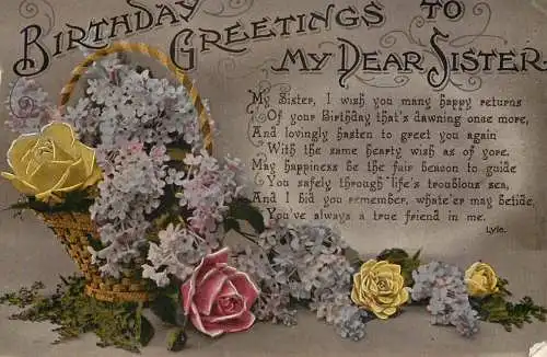 British birthday greetings postcard dear sister