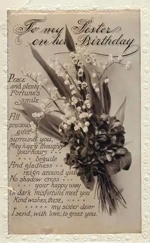 British birthday greetings postcard flower basket to my sister