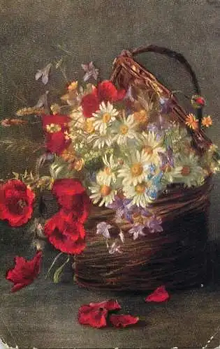 British birthday greetings postcard flower basket painting