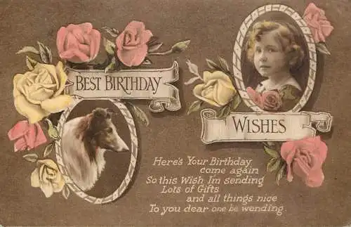 British birthday greetings postcard dog and girl 1917