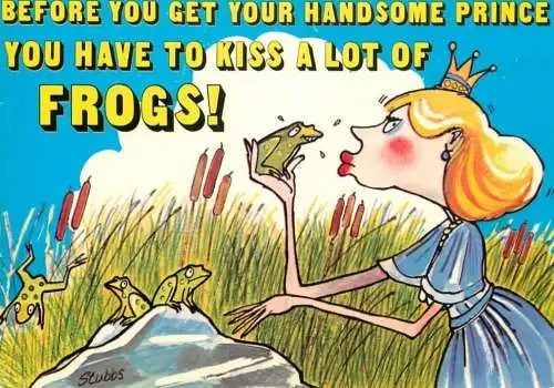 Humour card princess kissing frogs