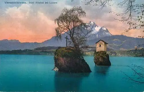 Switzerland Vierwaldstattersee lake Insel Altstad bei Luzern rock chapel cross