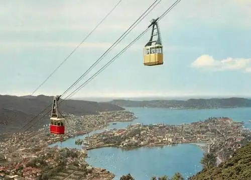 Norway aerial cableway to mount ulriken towards lake Store Lungegardsvann
