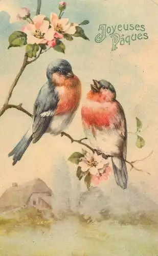 Celebration card joyeuse Paques birds and flower