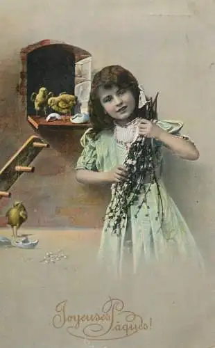 Celebration card joyeuse Paques girl and chickens