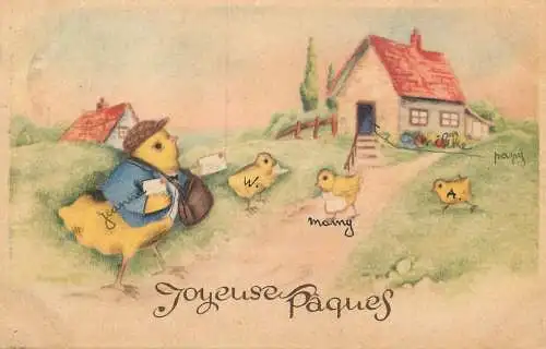 Celebration card joyeuse Paques humanized chicken