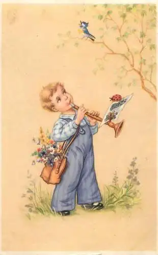 Celebration card children boy flute 1942