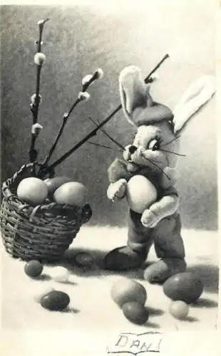 Easter postcard Easter Bunny with painted eggs basket