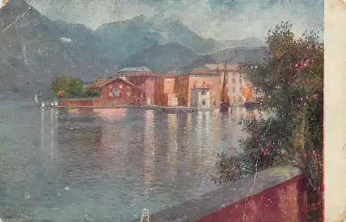 Postcard painting city on the lake