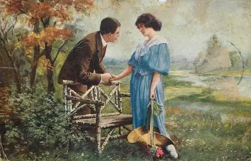 Postcard painting couple in nature romance