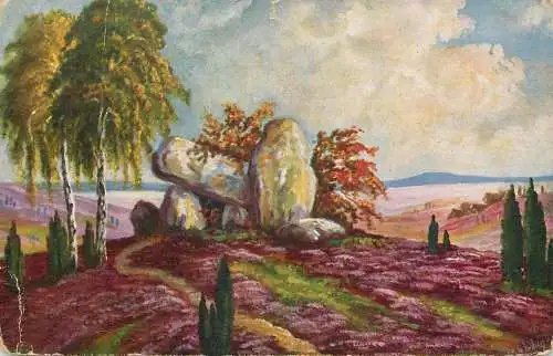 Postcard painting stone formation and landscape