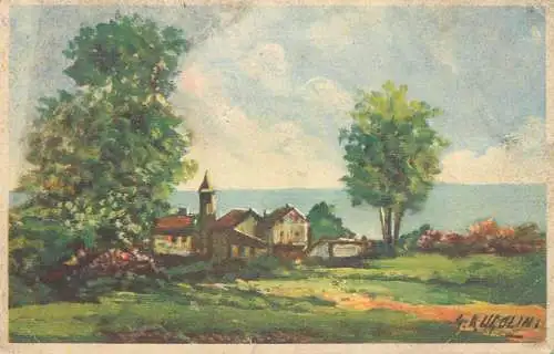 Postcard painting coast village