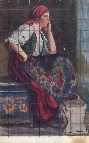Postcard painting Geiger Hungary woman and scarf