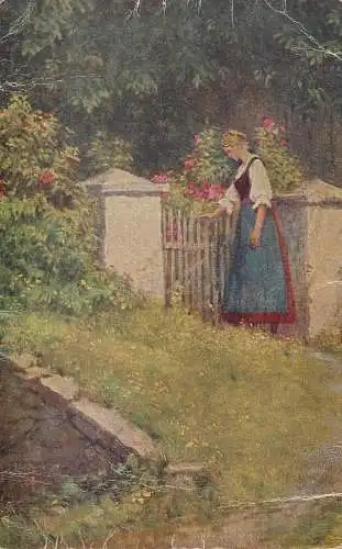 Postcard painting woman in the yard