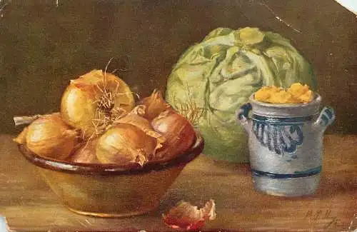 Postcard painting still nature with cabbage and onions
