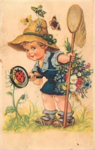 cpa fantaisie embossed children bug catching