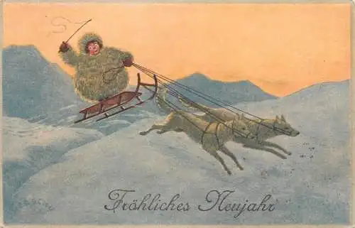 cpa fantaisie embossed dog sled in winter Frohliches Neujahr