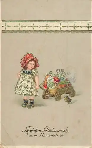 cpa fantaisie embossed girl and flower cart